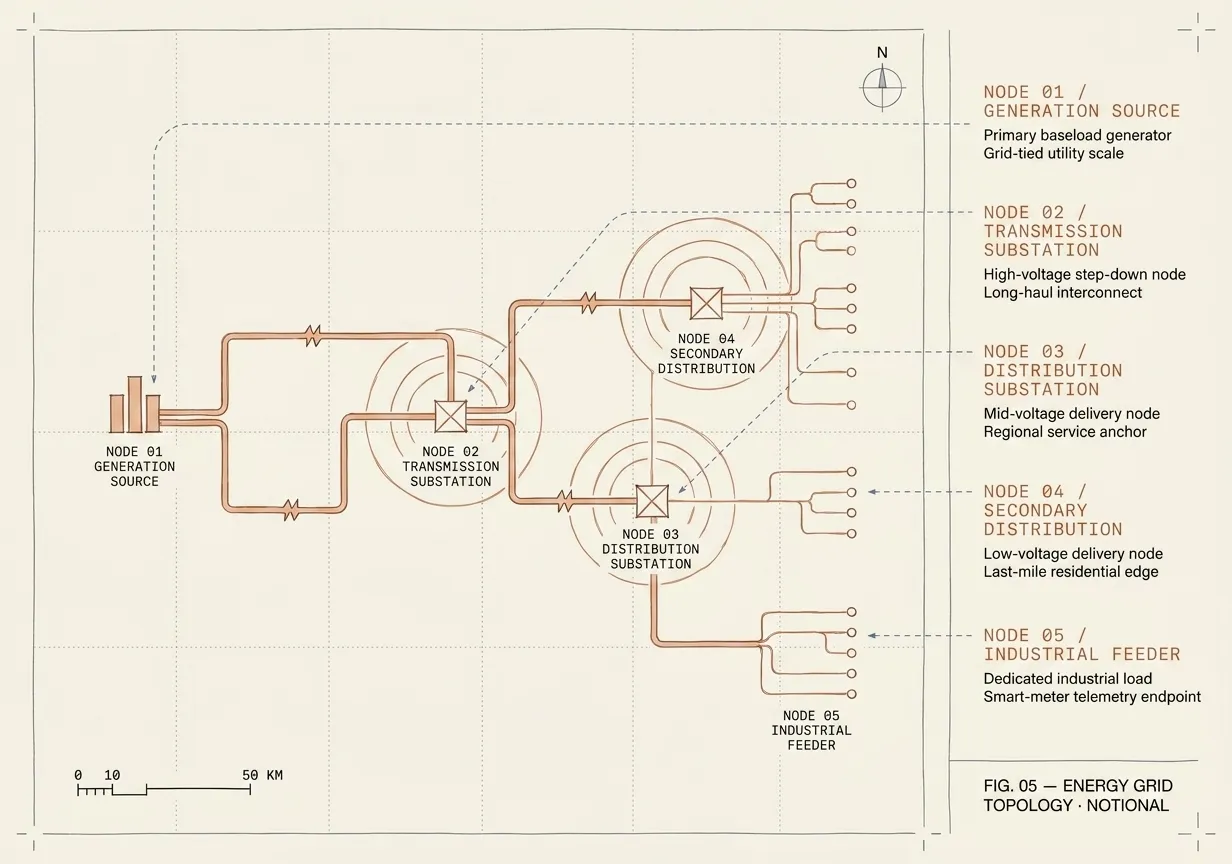 Notional electrical grid topology — generation source on the left feeding through transmission and distribution substations to industrial and residential loads