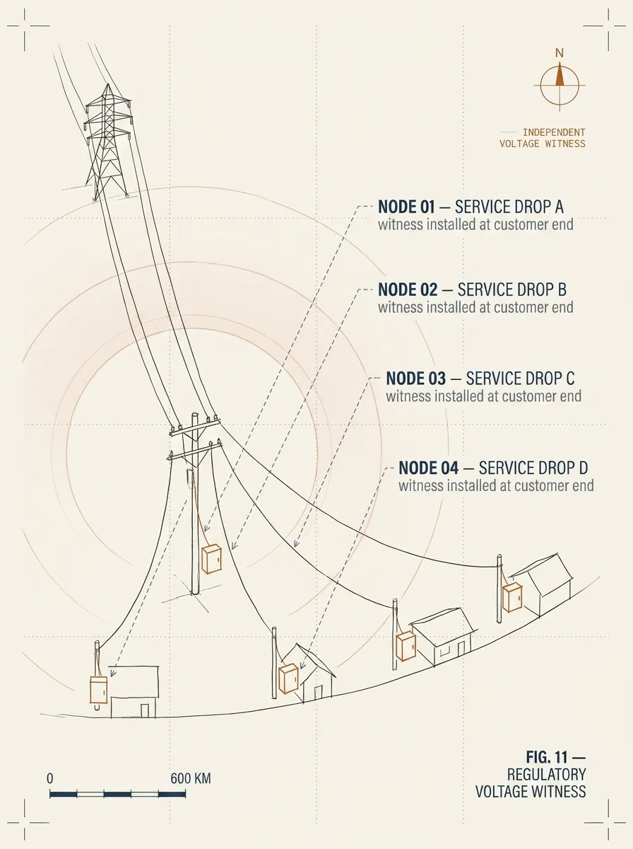 Independent voltage witnesses installed at customer service drops along a low-voltage distribution line — drawn in editorial topographic style, copper line work on cream paper