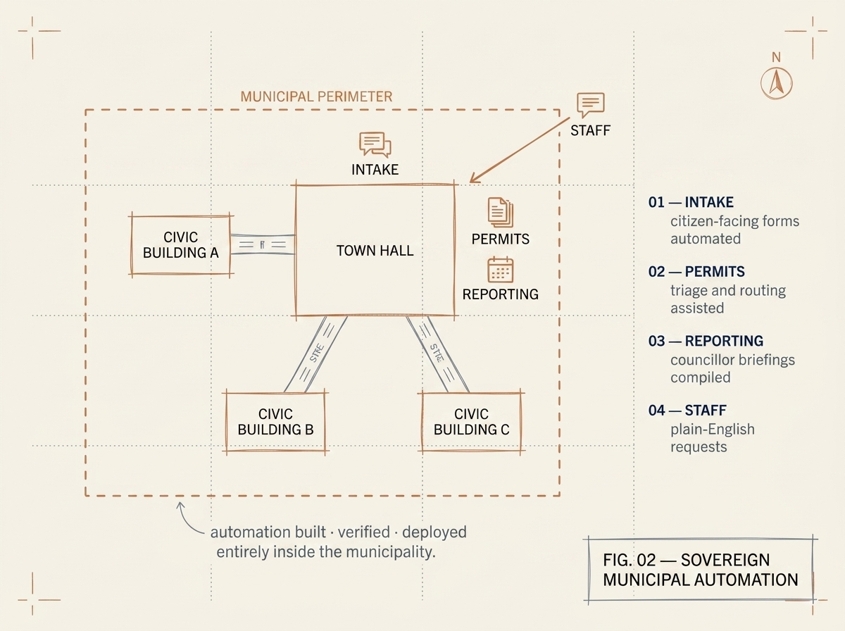 Sovereign municipal automation — town hall and three civic buildings inside a municipal perimeter, with intake, permits, and reporting workflows assisted by AI; staff describes new automations from outside the building network in plain English